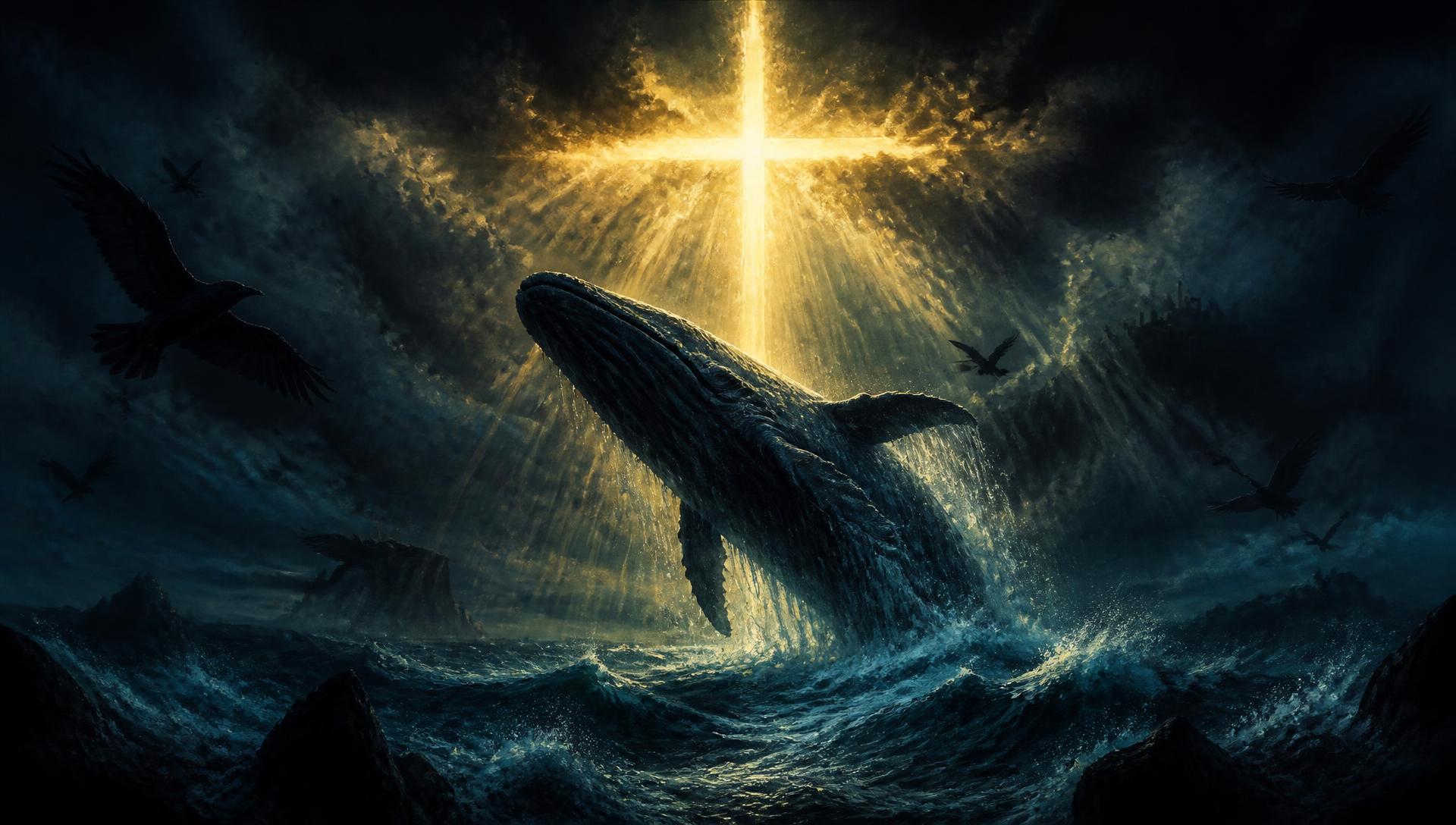 Breaching whale beneath a cross of golden light over a storm-lit ocean